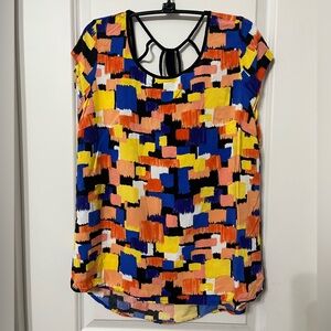 Cato Yellow and Blue Graphic Cap Sleeve Blouse